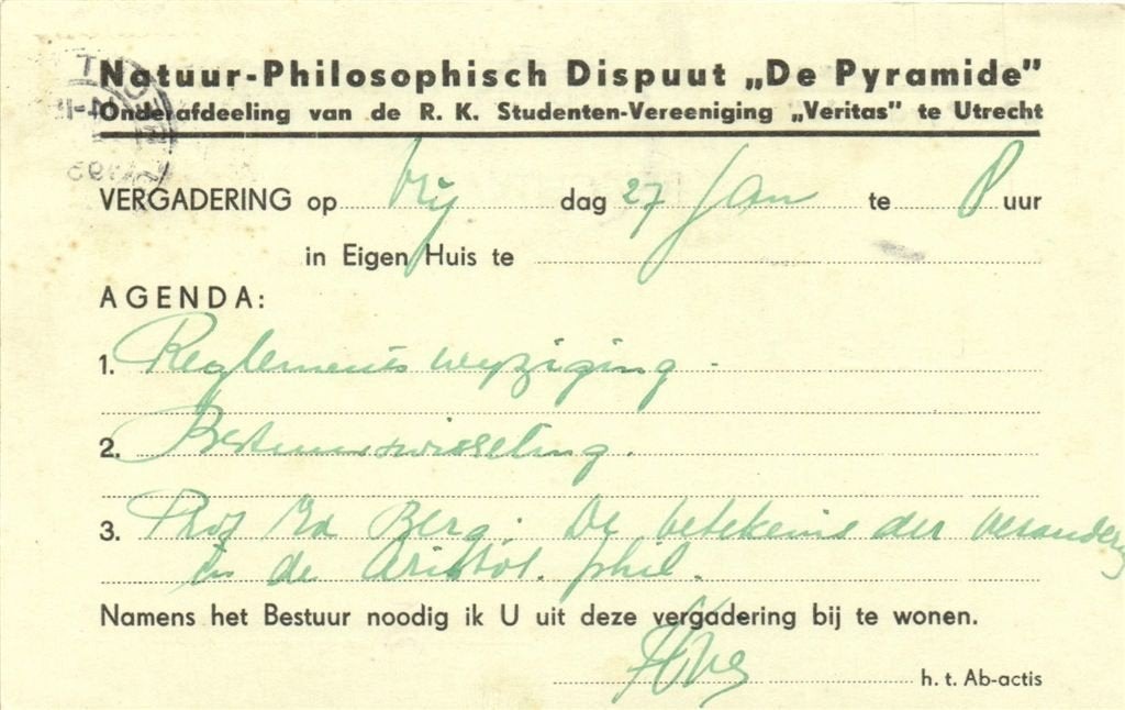 Natuur-Philosophisch Dispuut De Pyramide, Utrecht - 01.1939, Ophalen of Verzenden, Briefkaart