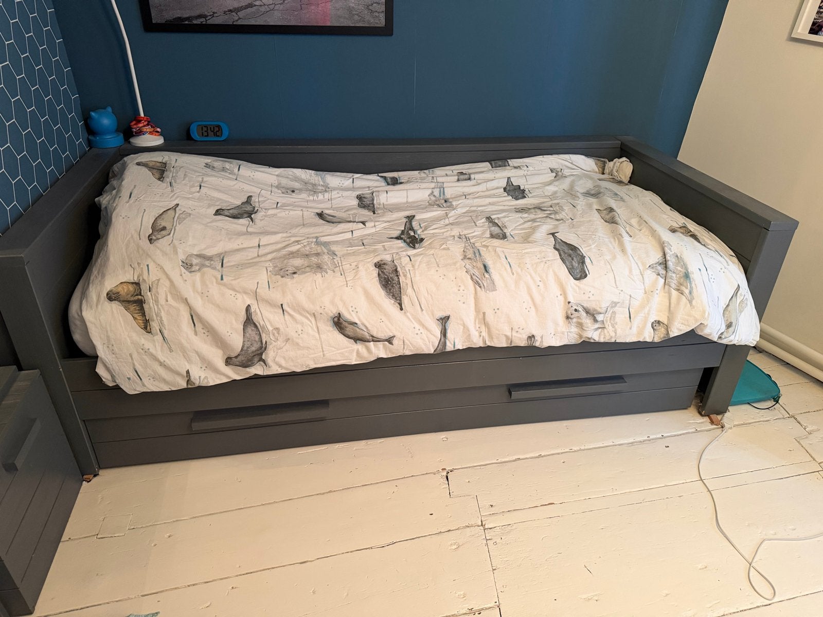 Woood bedbank antraciet met lade en hoogwaardige lattenbodem, Ophalen, Gebruikt, Eenpersoons, 200 cm