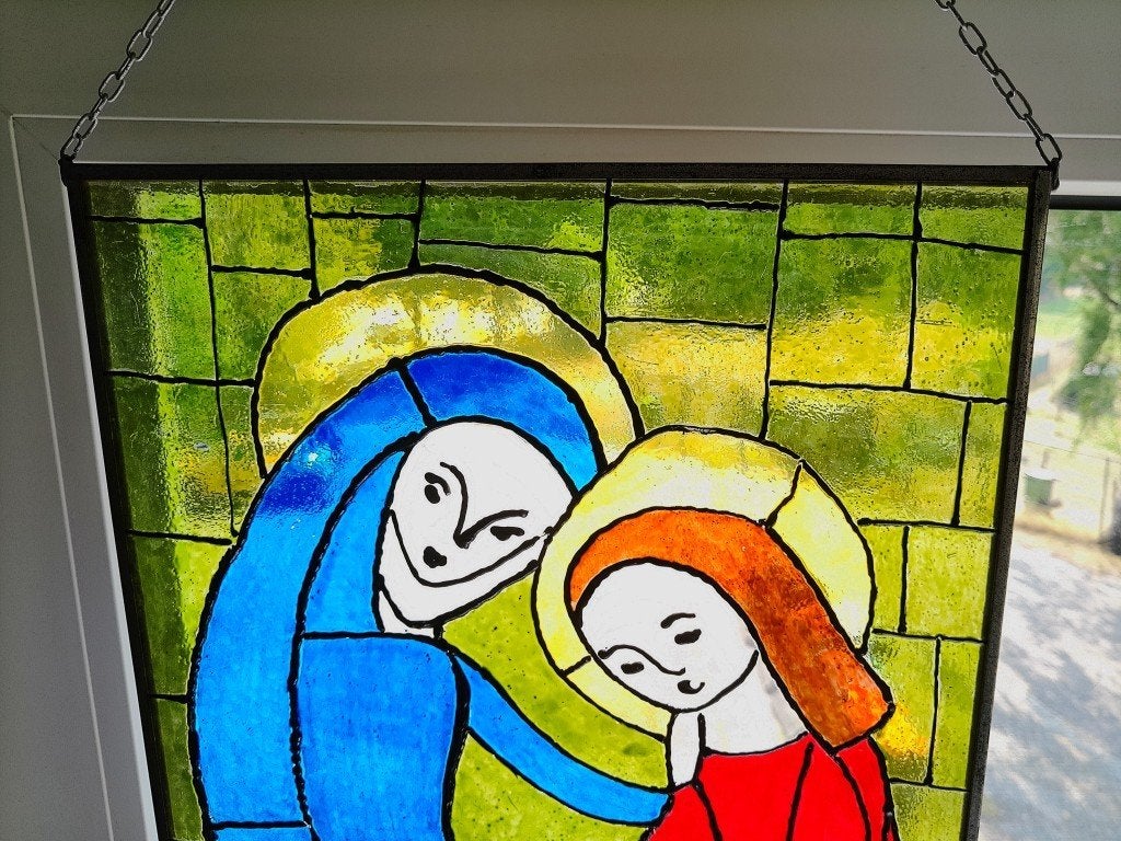 Antiek /vintage glas in lood Maria en Jezus volkskunst 25x30, Ophalen of Verzenden
