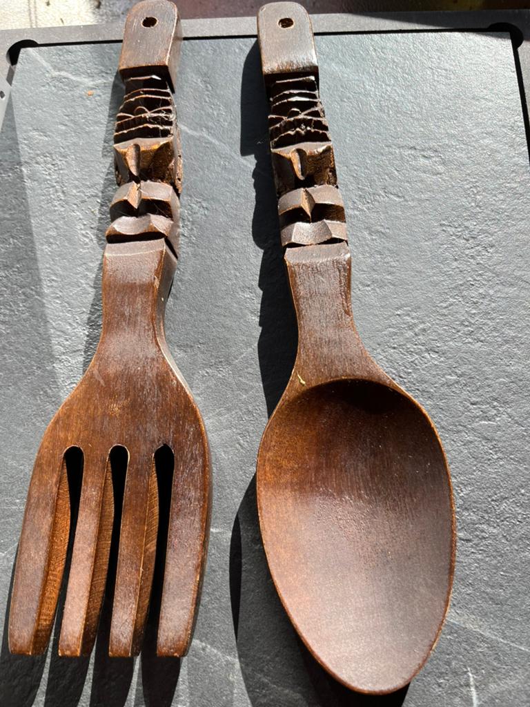 Vintage decoratief houten lepel en vork, Ophalen