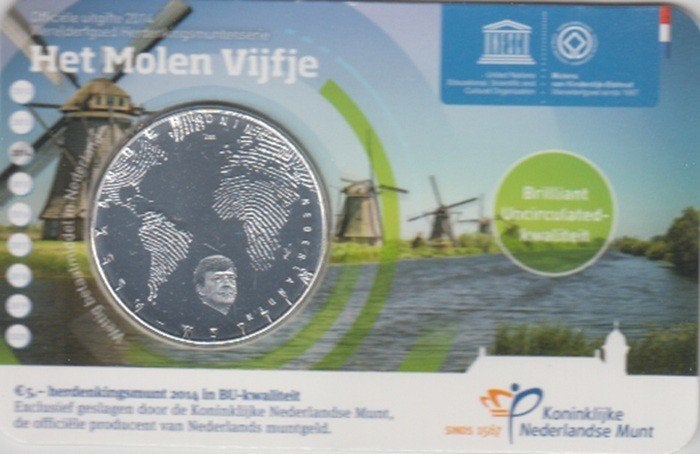 Nederland 5 euro Het Molen Vijfje 2014 BU in coincard, Ophalen of Verzenden, Koningin Beatrix, Euro's, Setje
