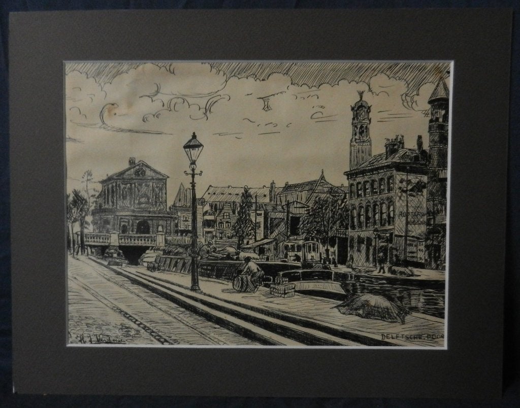 Inkttekening Delftsche Poort Rotterdam H.J. Verhoeven 18x25, Antiek en Kunst, Ophalen of Verzenden