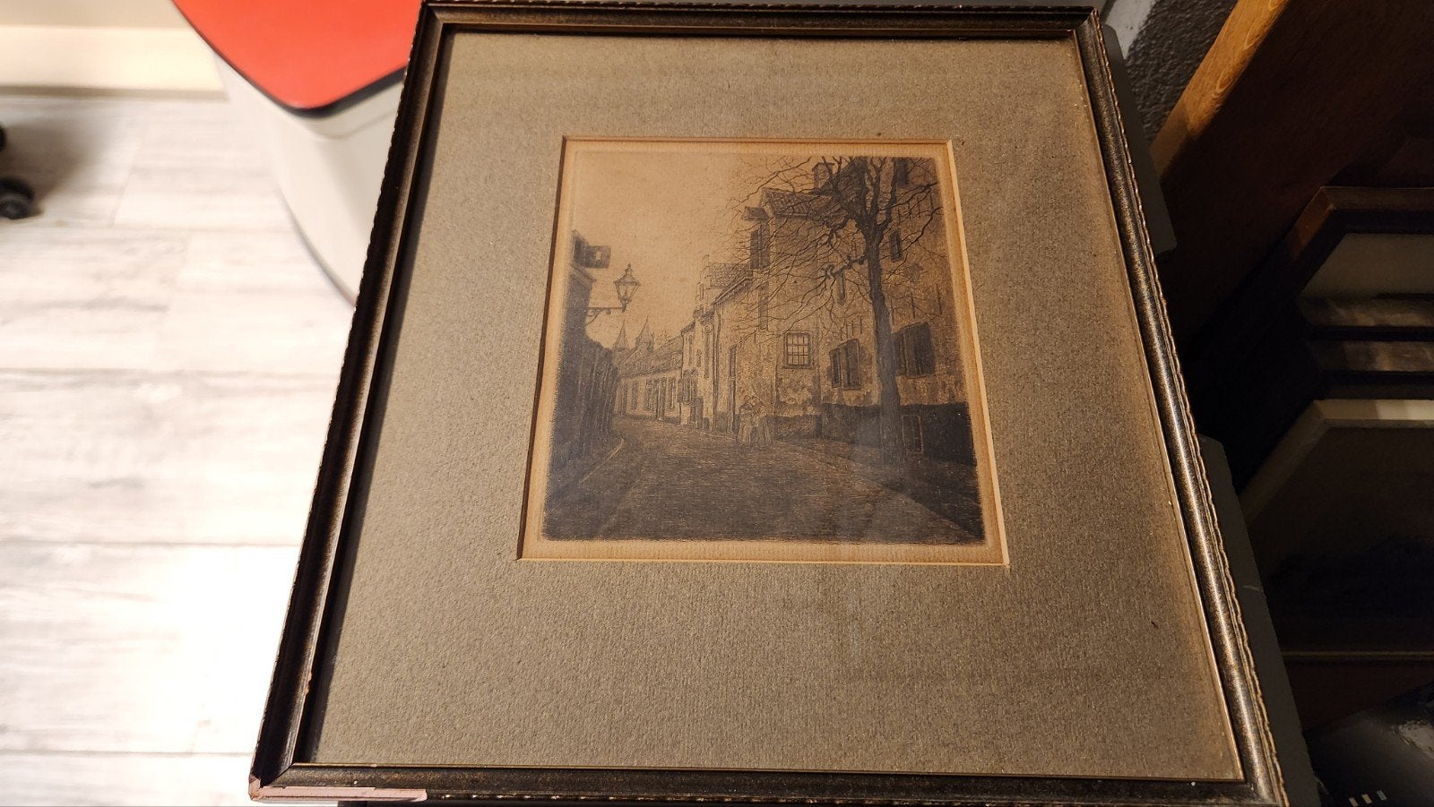 Oude straat in de stad - Ets, Antiek en Kunst, Kunst | Etsen en Gravures, Ophalen, Ingelijst, Ets, Stadsgezicht