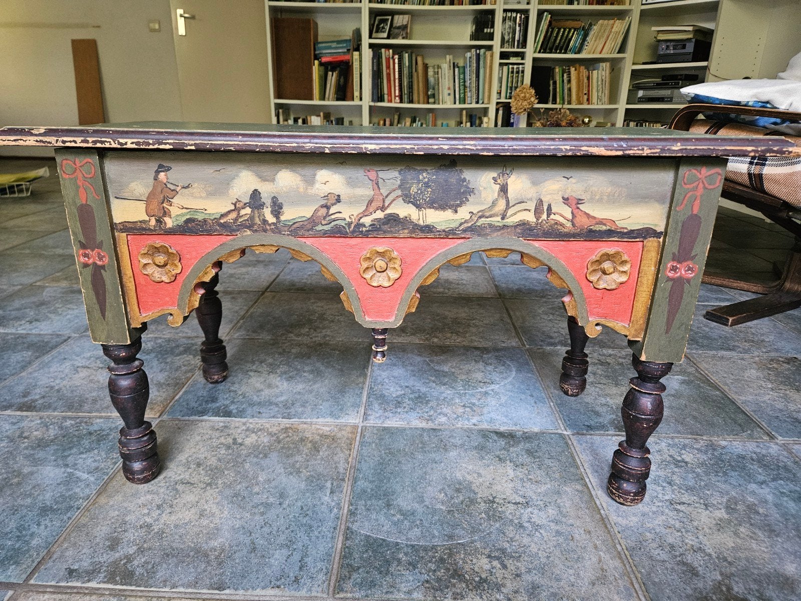 Prachtig beschilderd Amelands bedbankje (Volkskunst replica), Antiek en Kunst, Ophalen