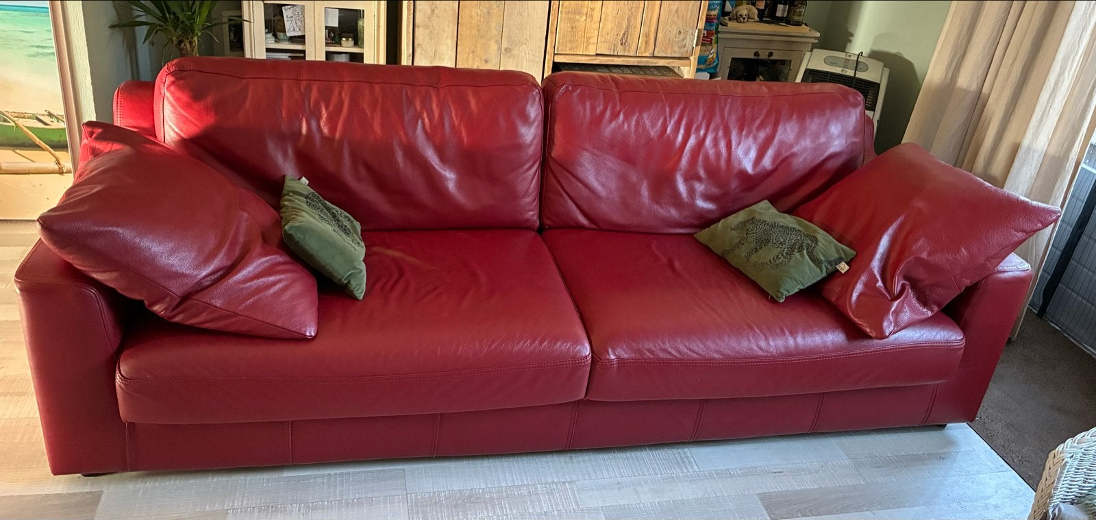 Comfortabele rode leren bank - 3-zits, 250 tot 300 cm, Gebruikt, Driepersoons, Ophalen of Verzenden
