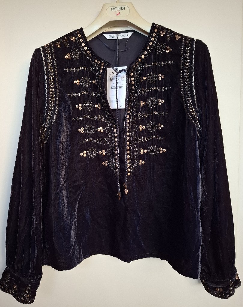 Zara geborduurde zwart velours boho-blouse, mt M, Maat 38/40 (M), Verzenden, Nieuw, Lange mouw