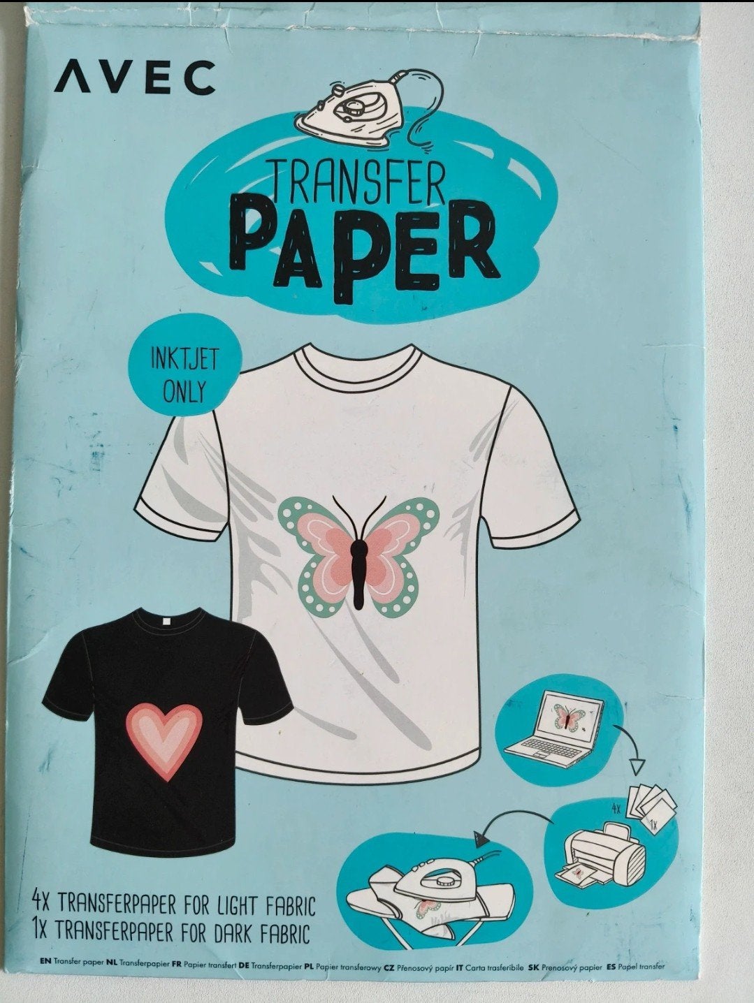 AVEC Transferpapier voor lichte en donkere stoffen 5 vellen, Ophalen of Verzenden, Zo goed als nieuw, Papier of Karton, Herbruikbaar