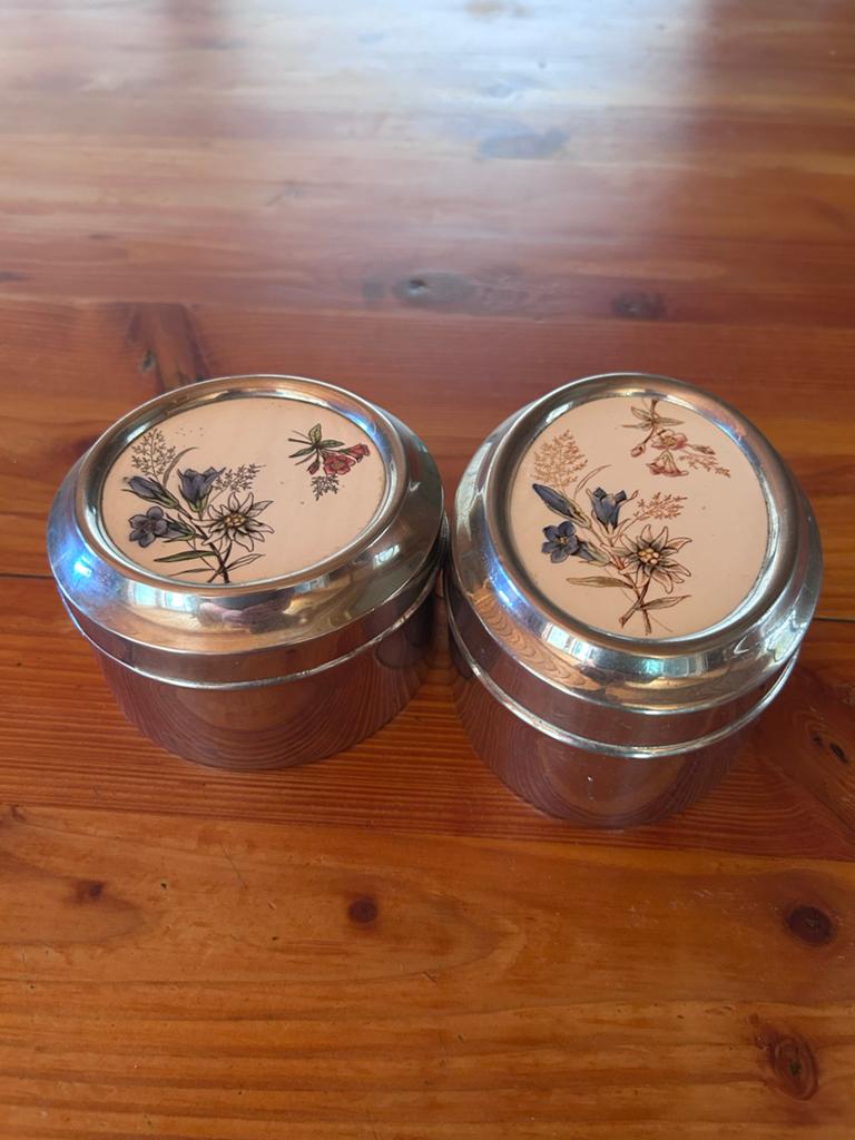 Set van 2 vintage metalen doosjes met bloemmotief (gentiaan), Ophalen of Verzenden