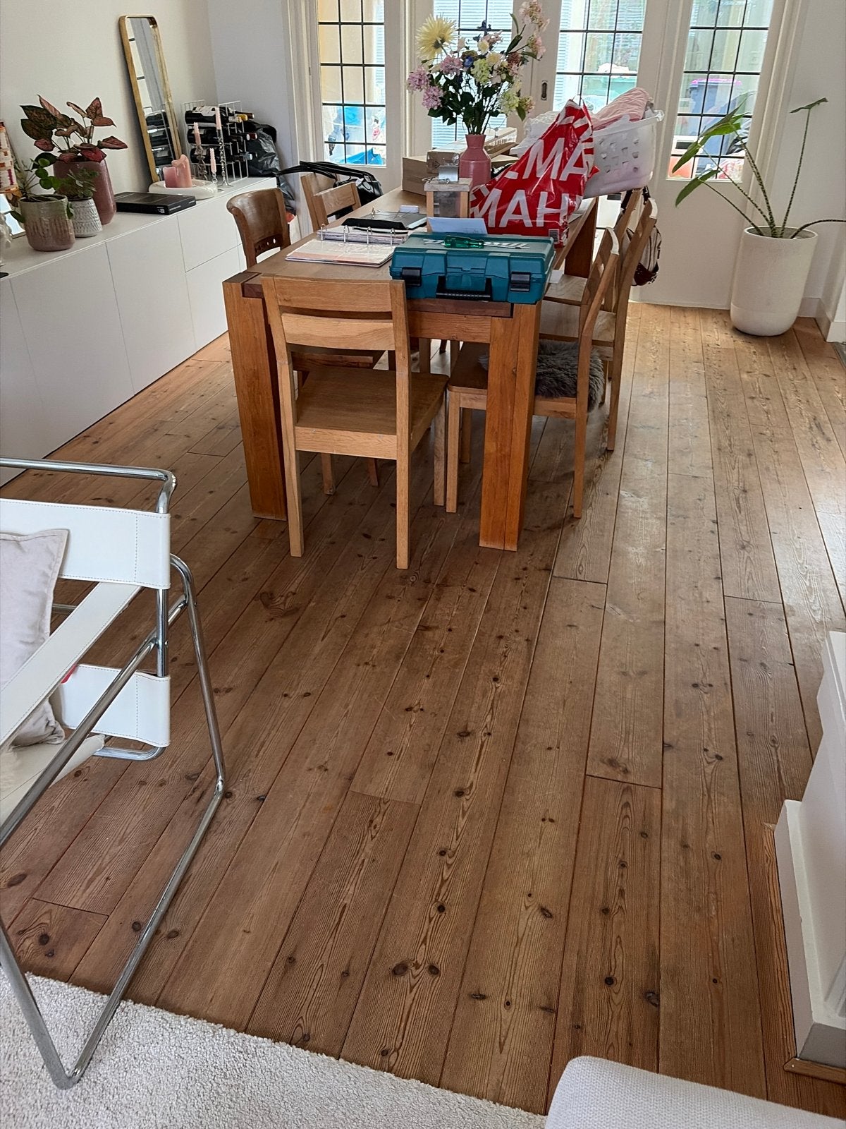 Houten vloer 43m2 - Eenvoudig te leggen en verwijderen, Ophalen, Gebruikt, Vloerdelen of -planken, 10 m² of meer