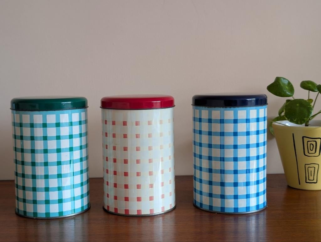 Vintage Tomado voorraadblikken, blauw, groen, rood, Verzamelen, Blikken, Ophalen of Verzenden, Gebruikt, Overige