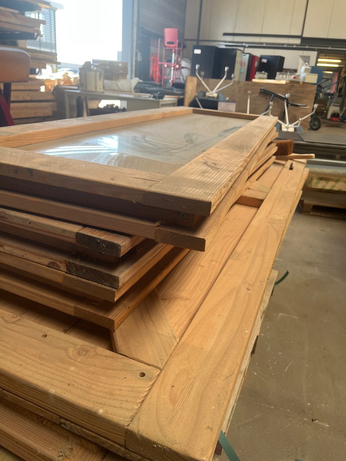 3 glazen ramen met houten omlijsting - 155x51,5 cm, Ophalen, Gevelraam of Ruit, Gebruikt, Minder dan 80 cm