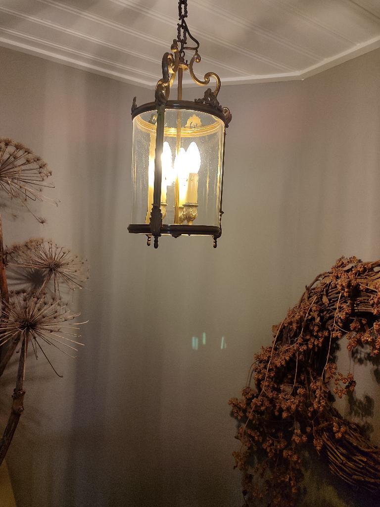 Grote oude Franse hallamp met cylinderglas, Ophalen