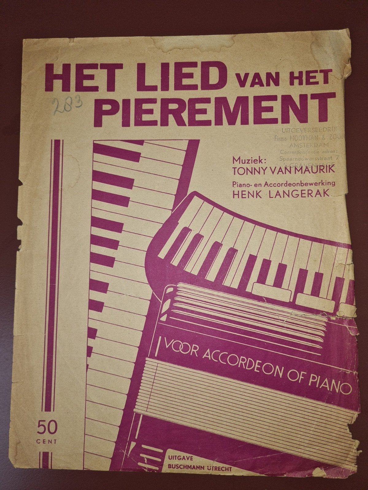 Het Lied van het Pierement - Muziekblad voor Accordeon/Piano, Gebruikt, Ophalen of Verzenden, Artiest of Componist, Populair