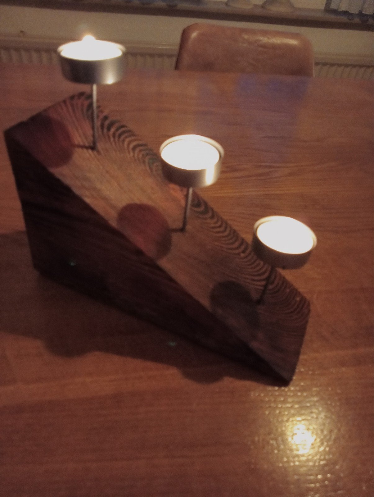Unieke houten kandelaar voor 3 waxinelichtjes, Ophalen, Bruin, Zo goed als nieuw, Kandelaar