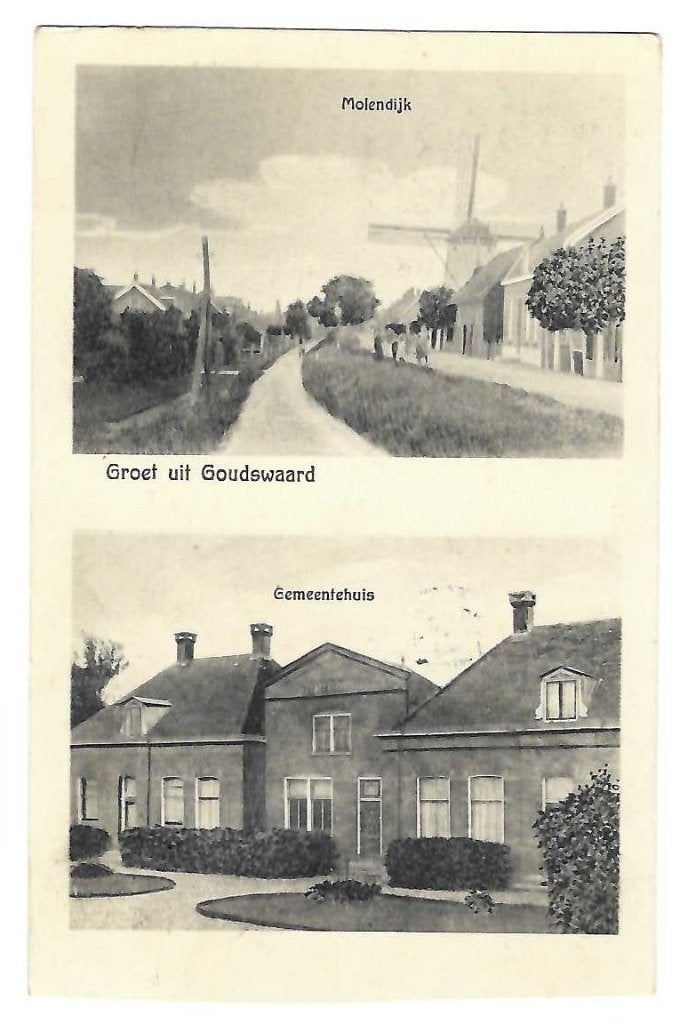 Goudswaard - Molendijk met molen en Gemeentehuis, Verzenden, 1920 tot 1940, Gelopen, Zuid-Holland