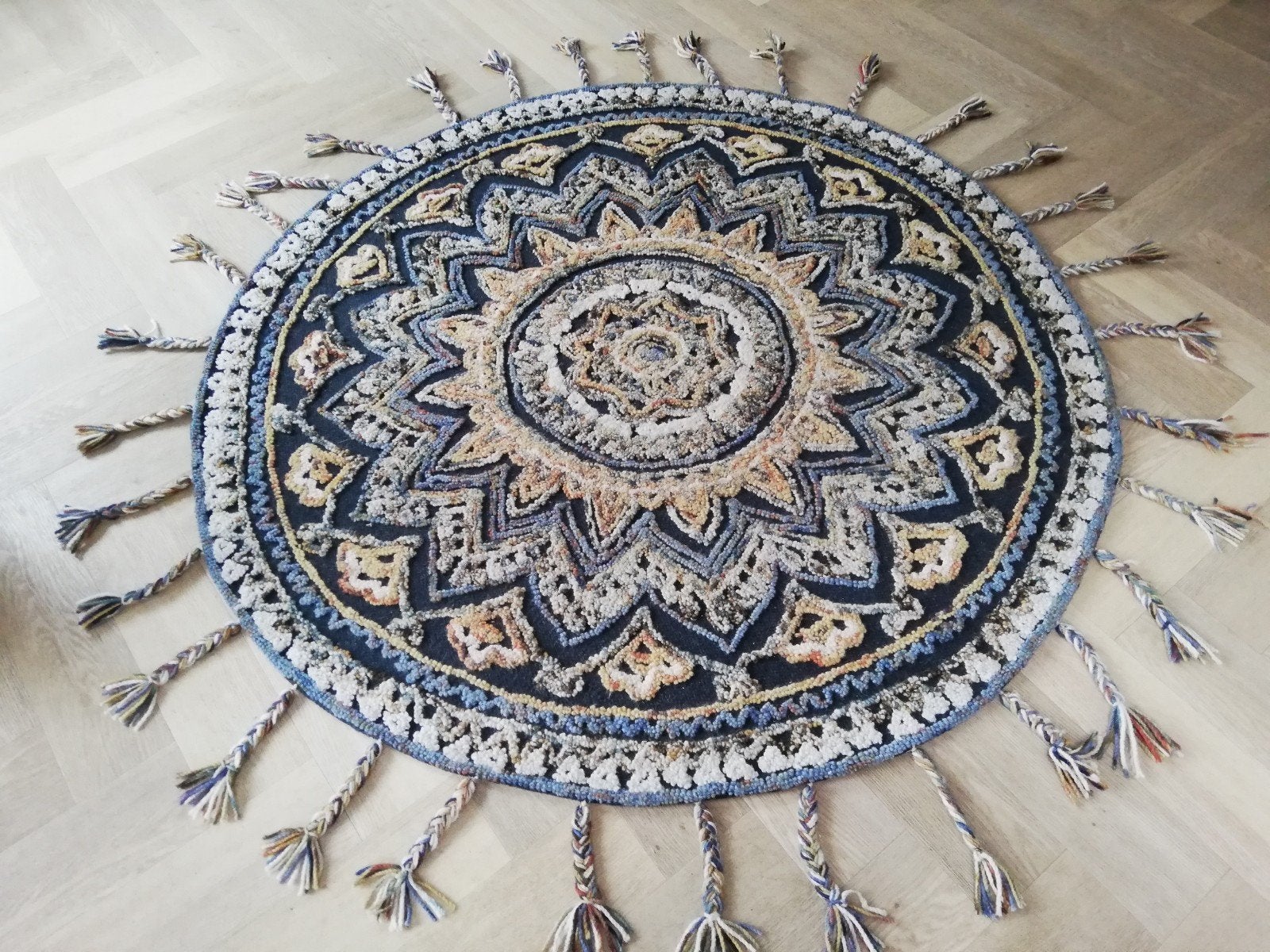 Rond Vloerkleed Zuiver Carpet Pix Round 170 Blauw Multi, Ophalen, Bruin, 150 tot 200 cm, Rond