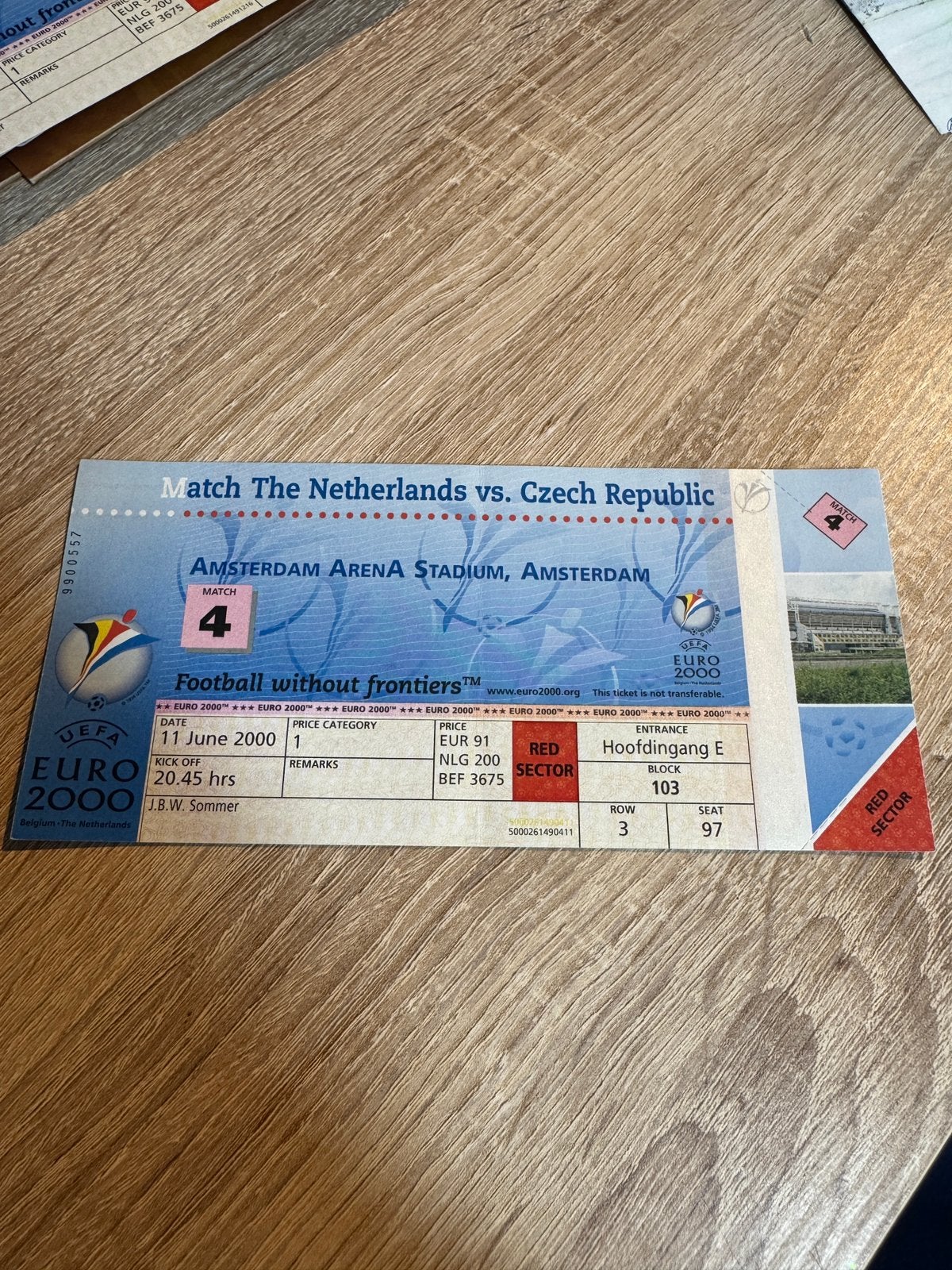 EK2000 Nederland - Tsjechië Ticket, Ophalen of Verzenden, Gebruikt, Overige binnenlandse clubs