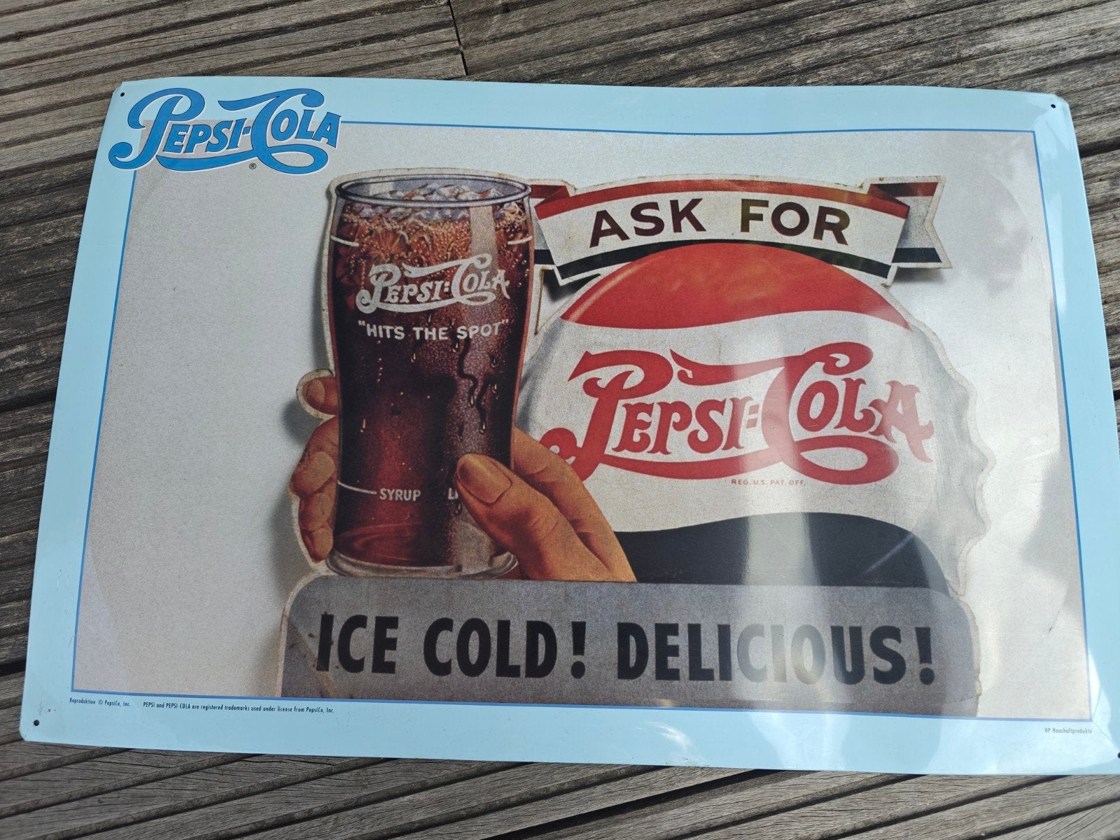 Vintage Pepsi-Cola Reclamebord - Ice Cold! Delicious!, Ophalen of Verzenden, Gebruikt, Reclamebord