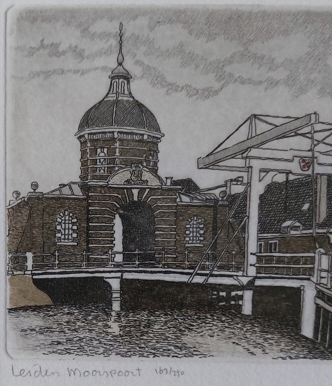 Willem Veldthuis - Leiden Morspoort - Ets (163/250), Antiek en Kunst, Ophalen, Stadsgezicht, Genummerd, 1950 - 1999