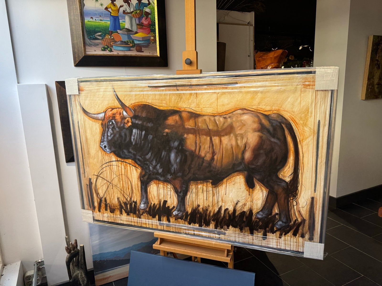 Nico Vrielink - groot  schilderij van een stier, Ophalen