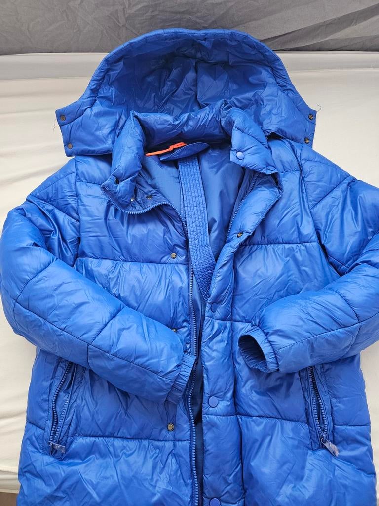 Levendige blauwe gewatteerde jas met capuchon, Ophalen of Verzenden, Zo goed als nieuw, Blauw