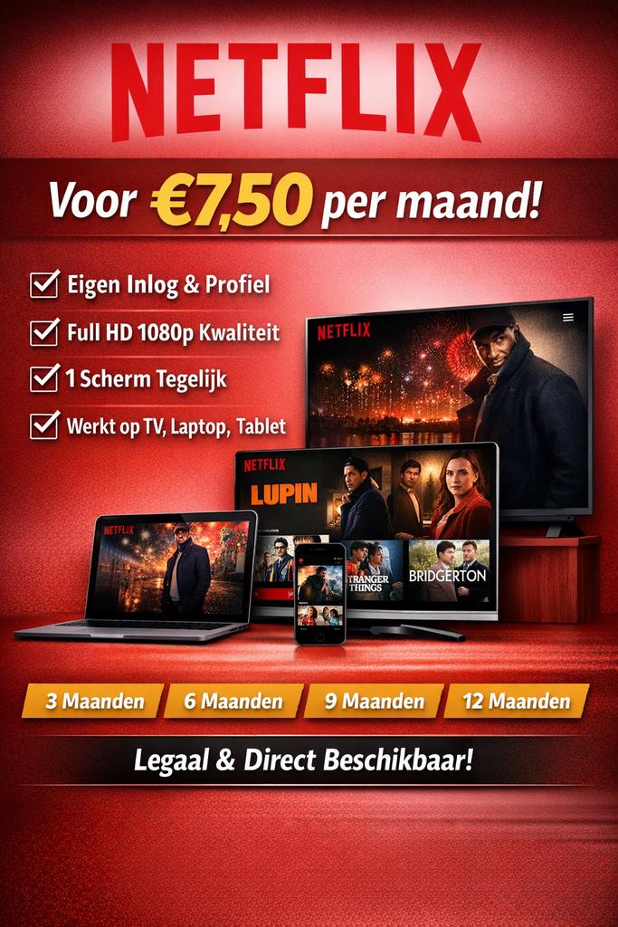 Netflix kijken voor €7,50 per maand Full HD – Direct starten, Eén persoon, Overige soorten, Arrangement, Overige typen