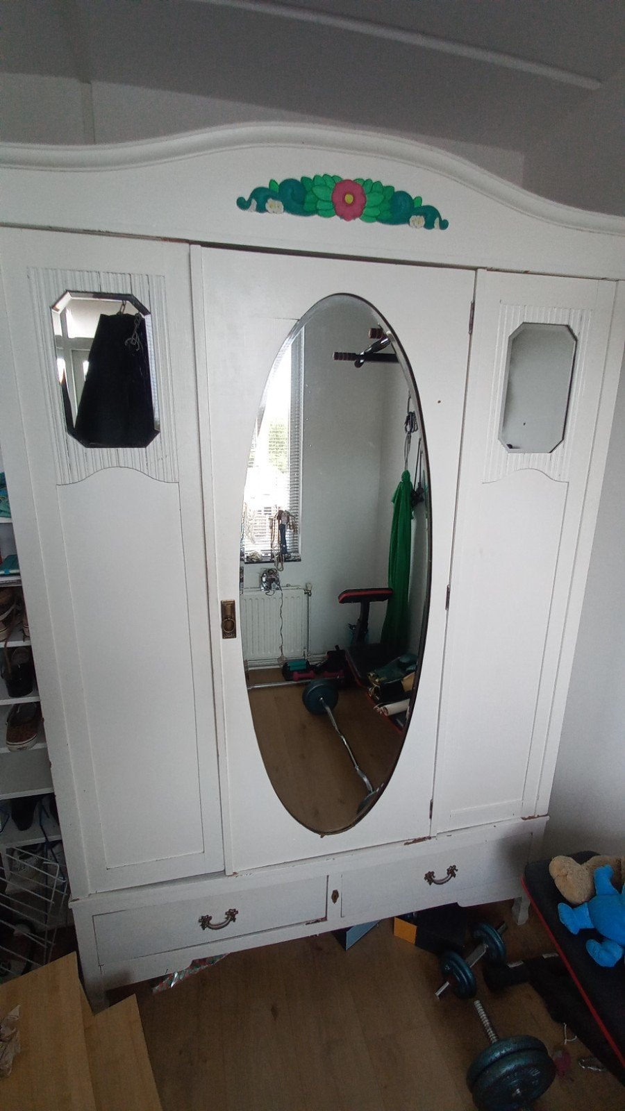 Antieke kledingkast met spiegel en lades, Huis en Inrichting, Ophalen, Gebruikt, 100 tot 150 cm, 200 cm of meer