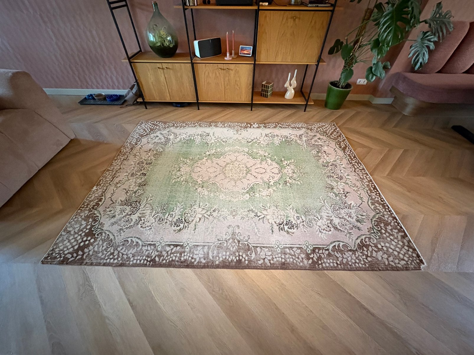 Prachtige vintage Rozenkelim –groen/beige/roze, 150 tot 200 cm, Vintage, 200 cm of meer, Ophalen of Verzenden