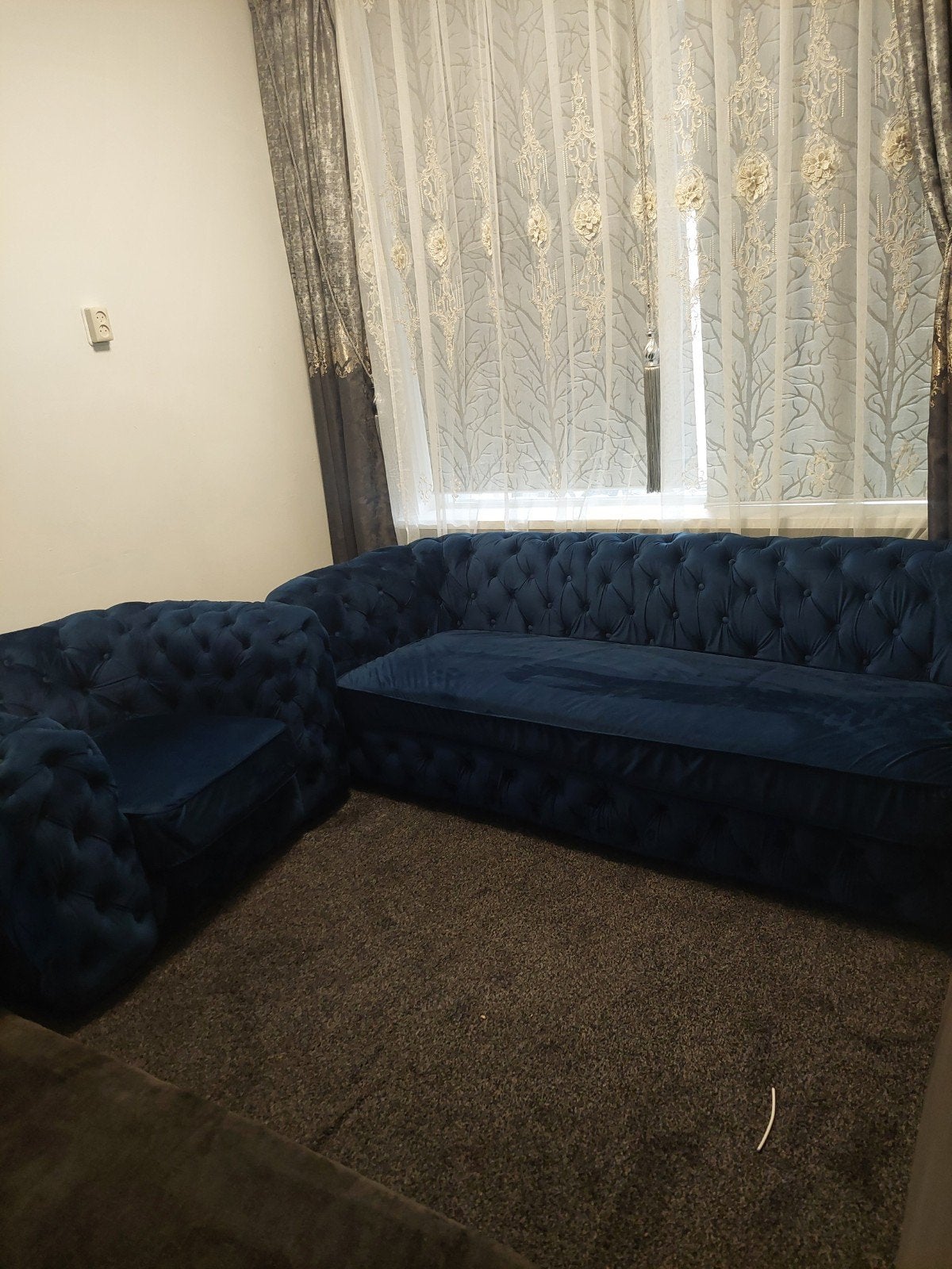 Prachtige donkerblauwe bankstel in uitstekende staat, Huis en Inrichting, Ophalen, Zo goed als nieuw, Rechte bank, Stof
