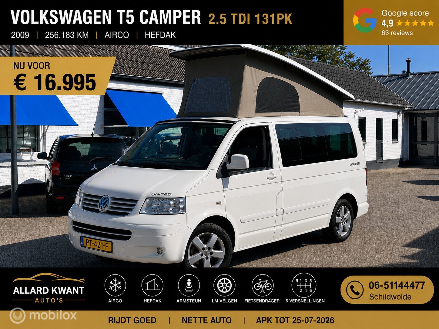 Volkswagen T5 Camper 2.5 TDI 131pk | Hefdak | Airco, Auto's, Gebruikt, Overige carrosserieën, 2500 kg, Wit