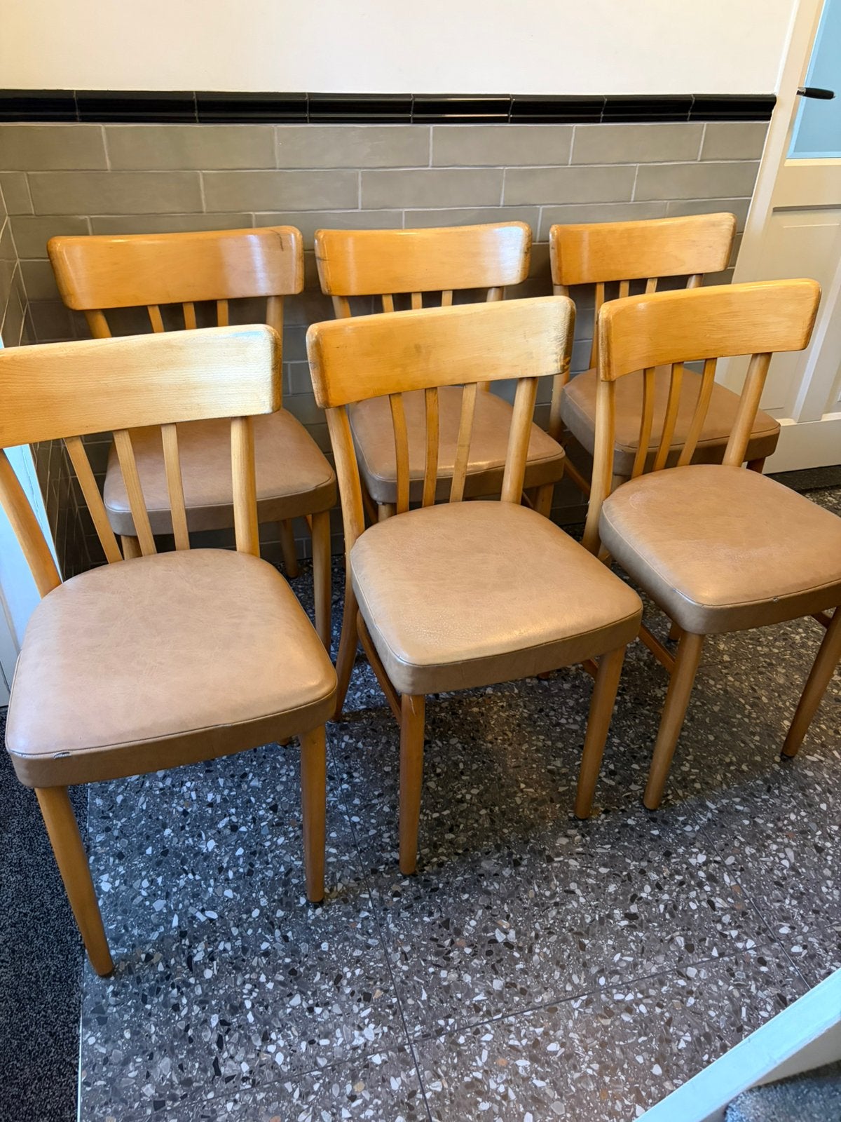 6 prachtige beukenhouten cafestoelen meubelfabriek KOK, Ophalen, Vintage design, Bruin, Zo goed als nieuw