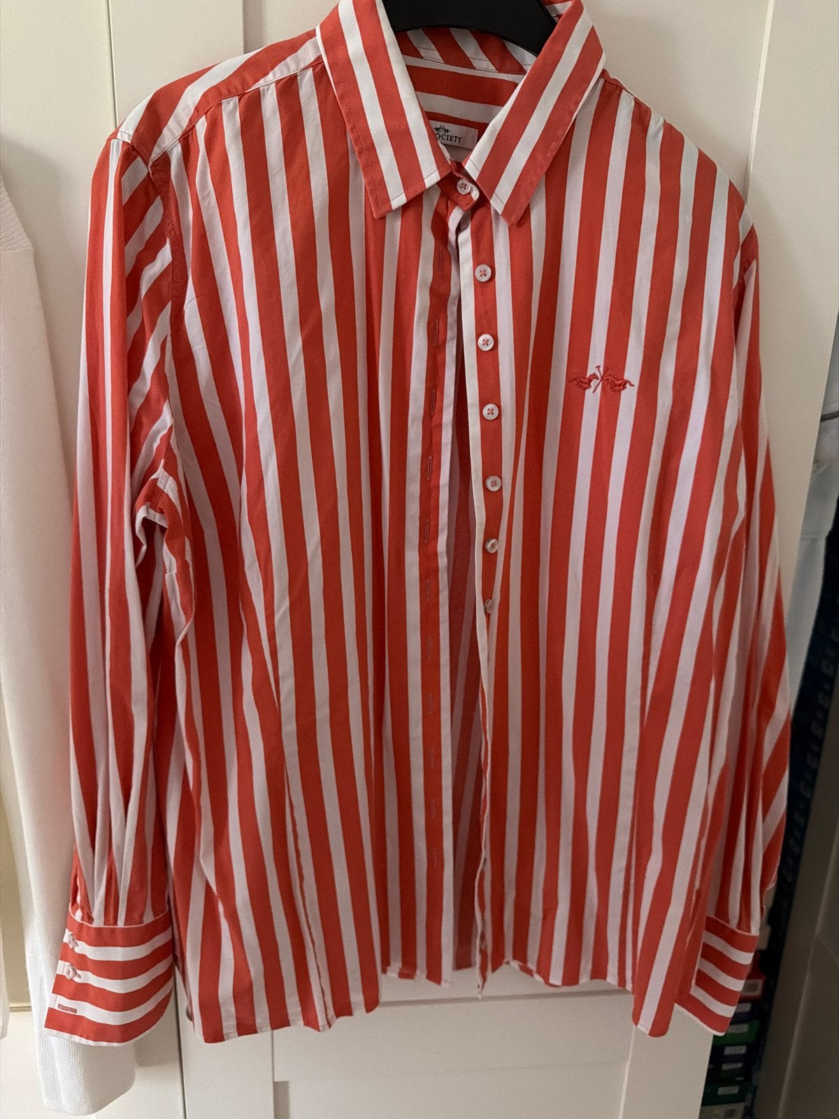 HV Society Blouse Maat 46 - koraal/Wit Gestreepte Blouse, Kleding | Dames, Ophalen of Verzenden, Gedragen, Maat 46/48 (XL) of groter