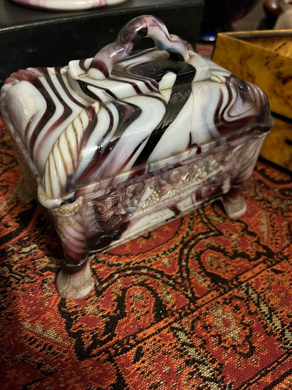 Vintage persglazen dekseldoos paars/wit gemarmerd glas, Ophalen of Verzenden