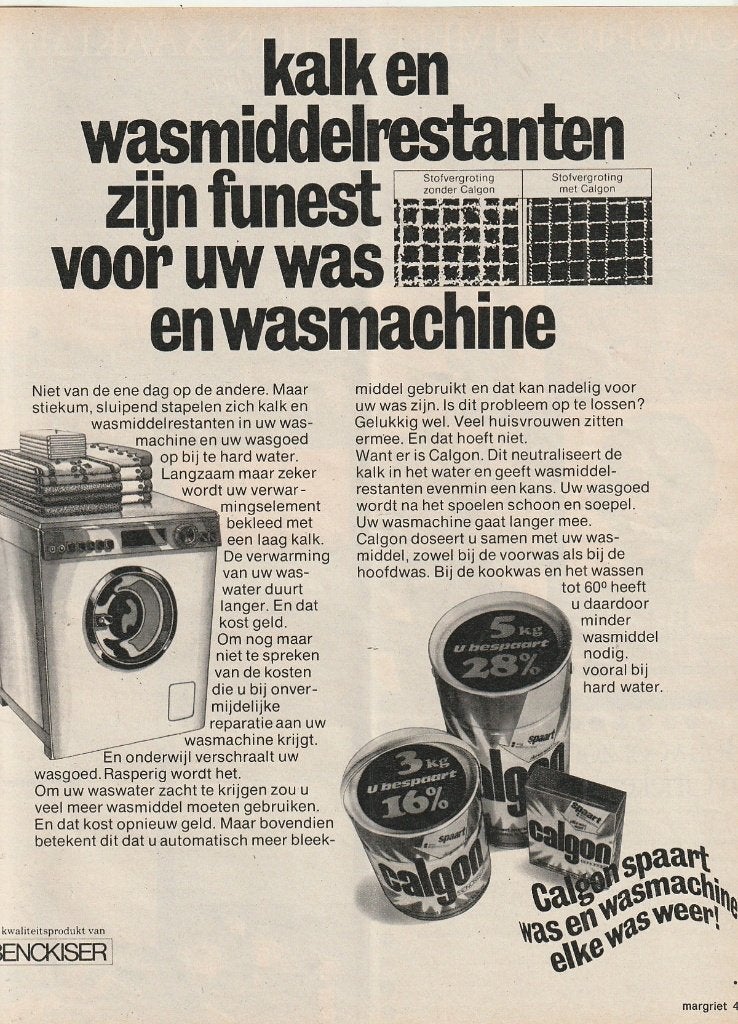 Retro reclame 1976 Calgon wasmiddel resten verwijderen, Verzenden, Overige typen