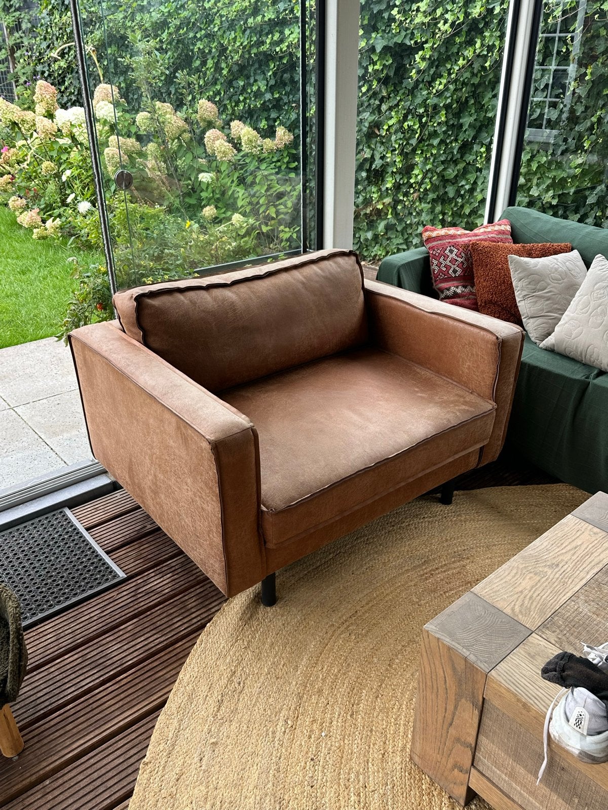 Comfortabele fauteuil in bruin leder-look (115x90 cm), Ophalen, Gebruikt, 75 tot 100 cm, 100 tot 125 cm