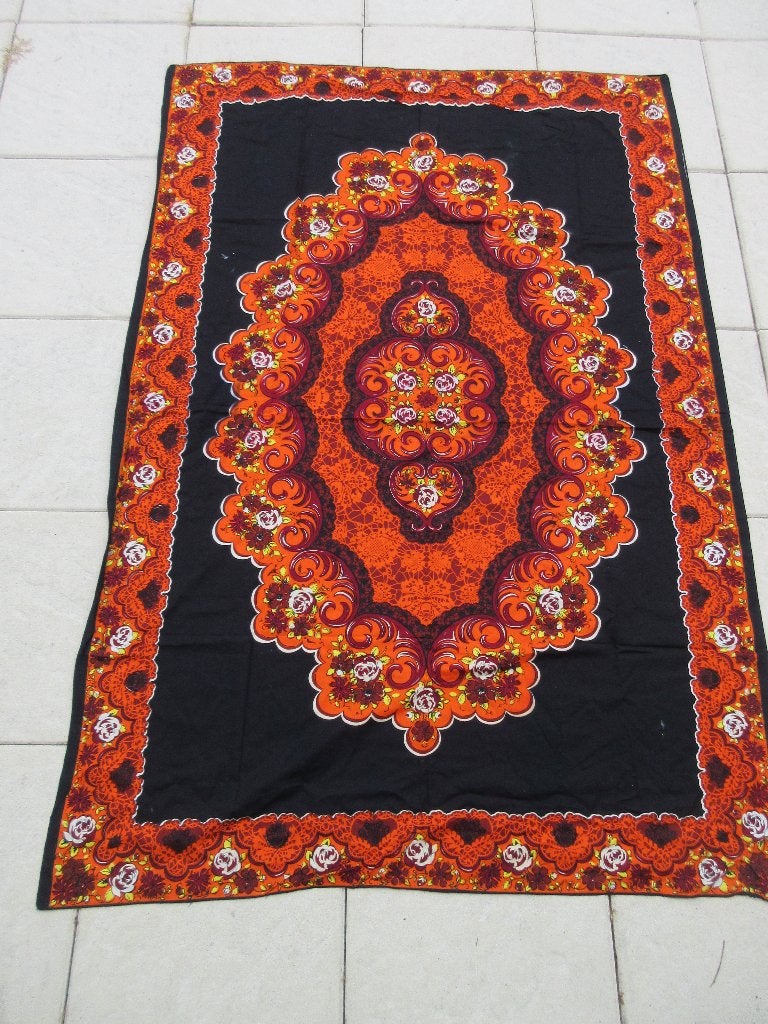 Vintage oranje zwart dun kleed tafelkleed, Ophalen of Verzenden, Gebruikt, Rechthoek