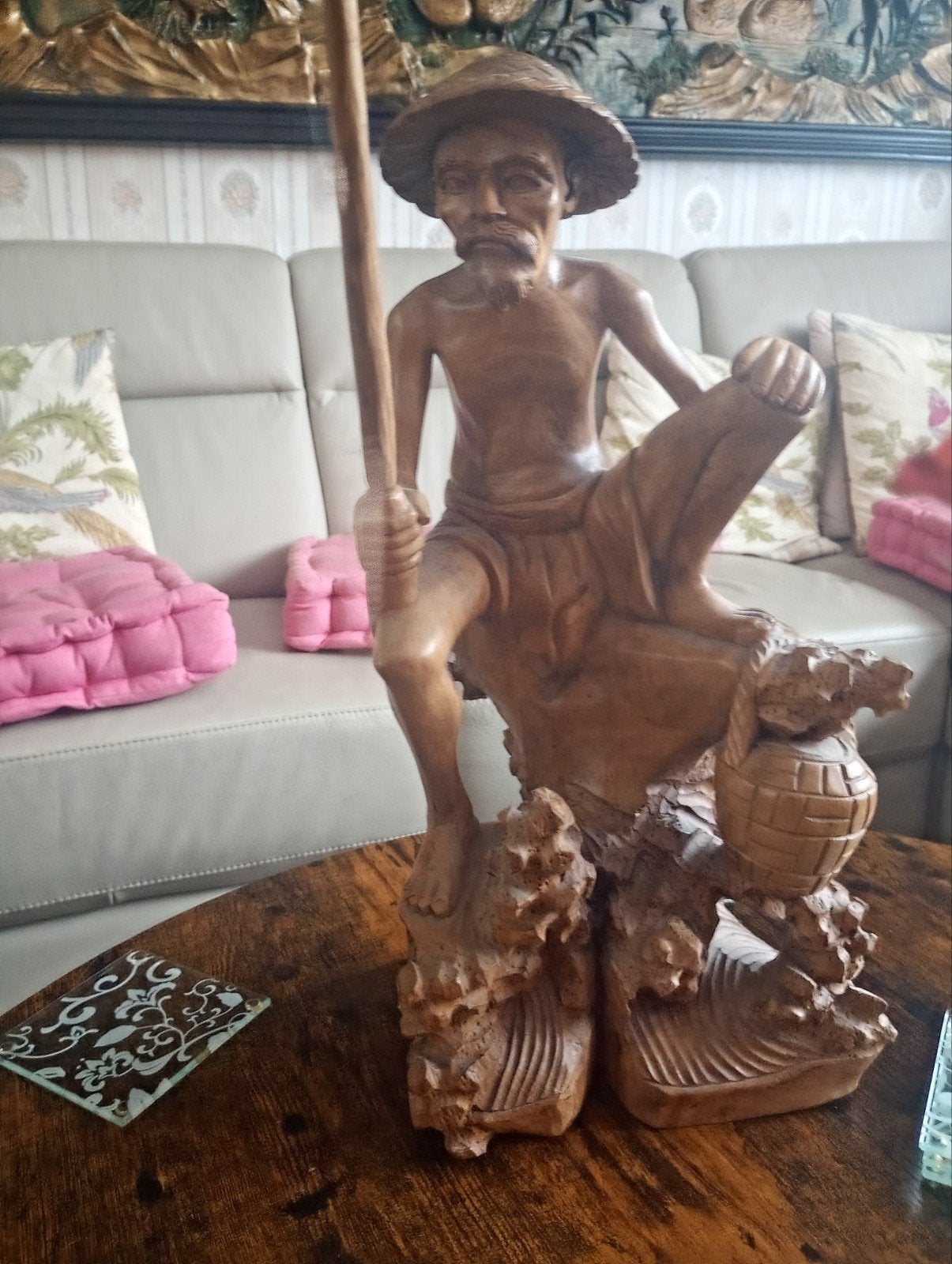 Prachtig handgesneden houten beeld van visser, Antiek en Kunst, Ophalen of Verzenden, Handgemaakt, 20 - 50 cm, Beeld