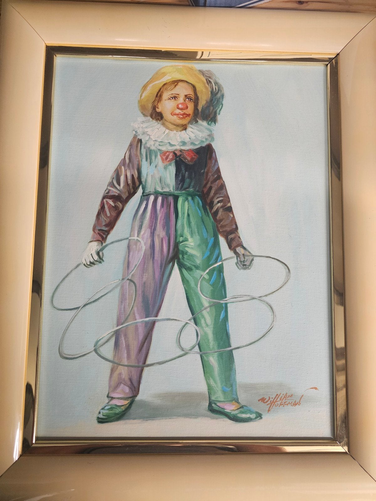 Olieverfschilderij William Hoffman - Jongen als clown, Antiek en Kunst, Doek, Portret of Personen, Realistisch, Ophalen of Verzenden
