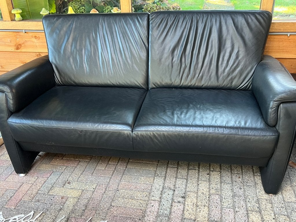 Zwarte leren 2 zitbank, Huis en Inrichting, Ophalen, Gebruikt, 150 tot 200 cm, Tweepersoons