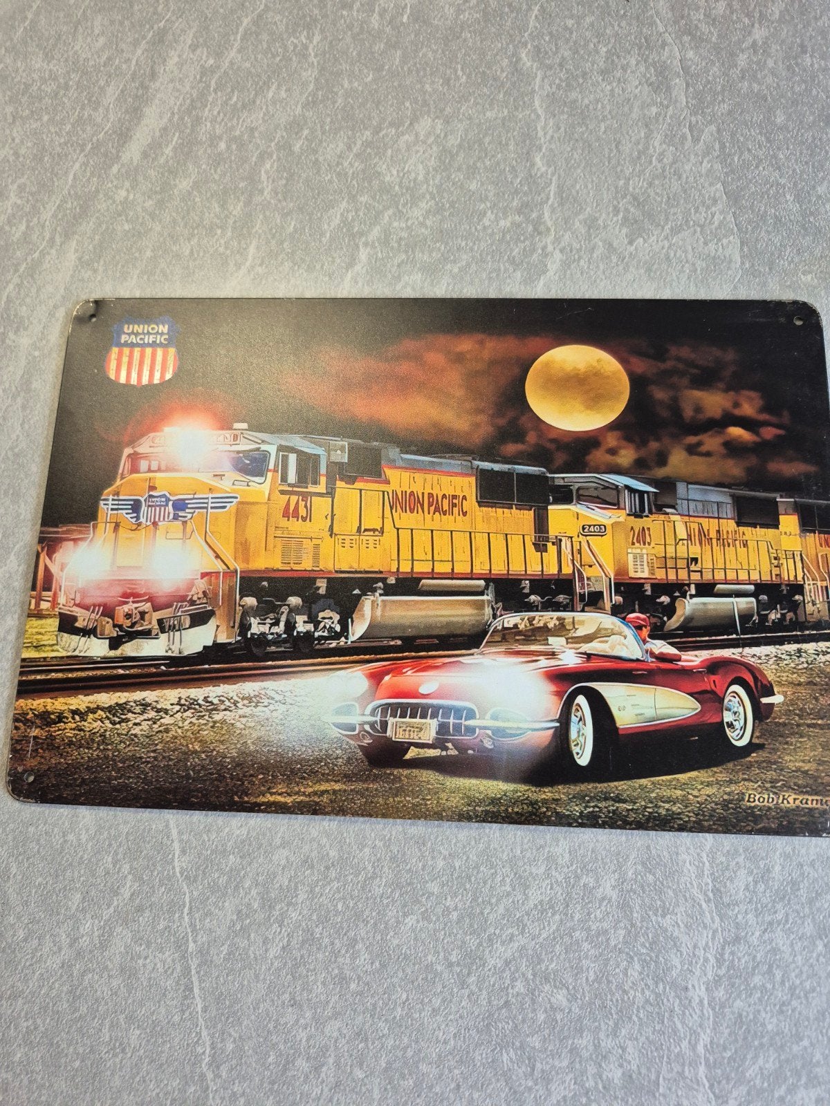 Union Pacific Trein & Klassieke Auto Metalen Plaat, Ophalen of Verzenden, Zo goed als nieuw, Trein, Overige typen