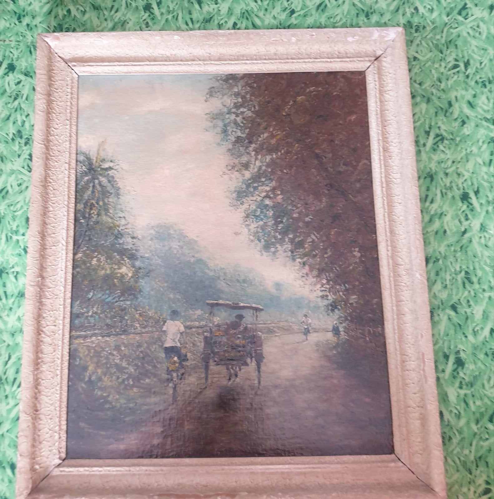 Oud schilderij met Maleisische tekst op achterzijde, Ophalen of Verzenden