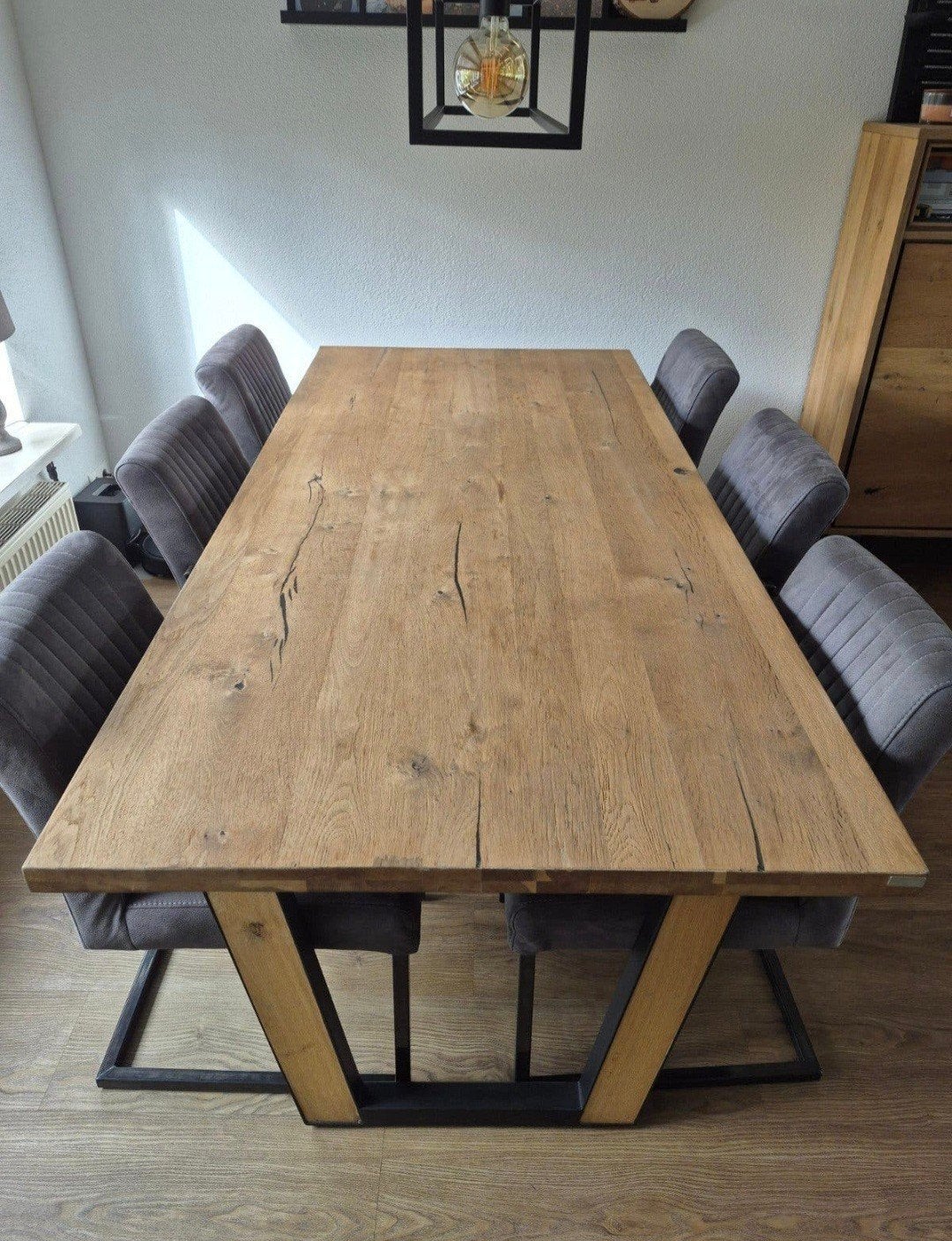 Robuuste eettafel met 6 stoelen - Teakhout & Metaal, Huis en Inrichting, Ophalen, 200 cm of meer, Vijf personen of meer, Rechthoekig