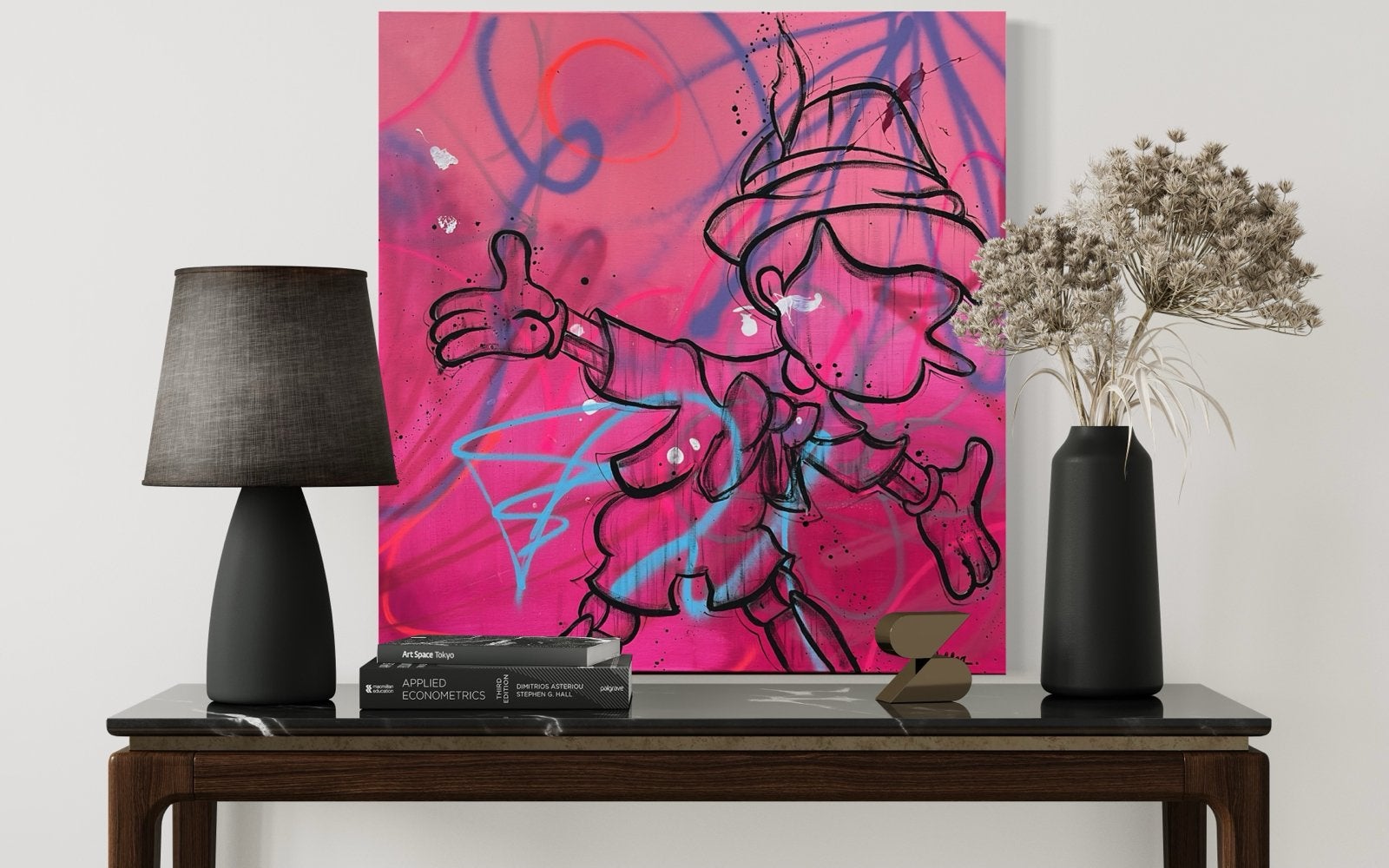 Modern Pop Art Schilderij: Pinokkio op Roze Achtergrond, Antiek en Kunst, Acrylverf, Handgeschilderd, Ophalen of Verzenden, Stripfiguren/cartoons