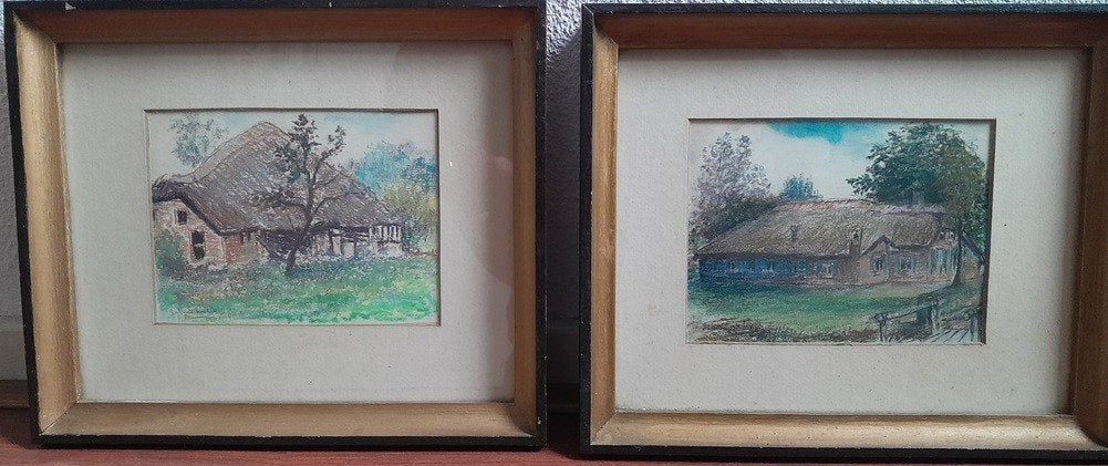 2 x Boerderij - pastel krijttekening inclusief lijst, Ophalen, Minder dan 50 cm, Gebruikt, Oorspronkelijke maker