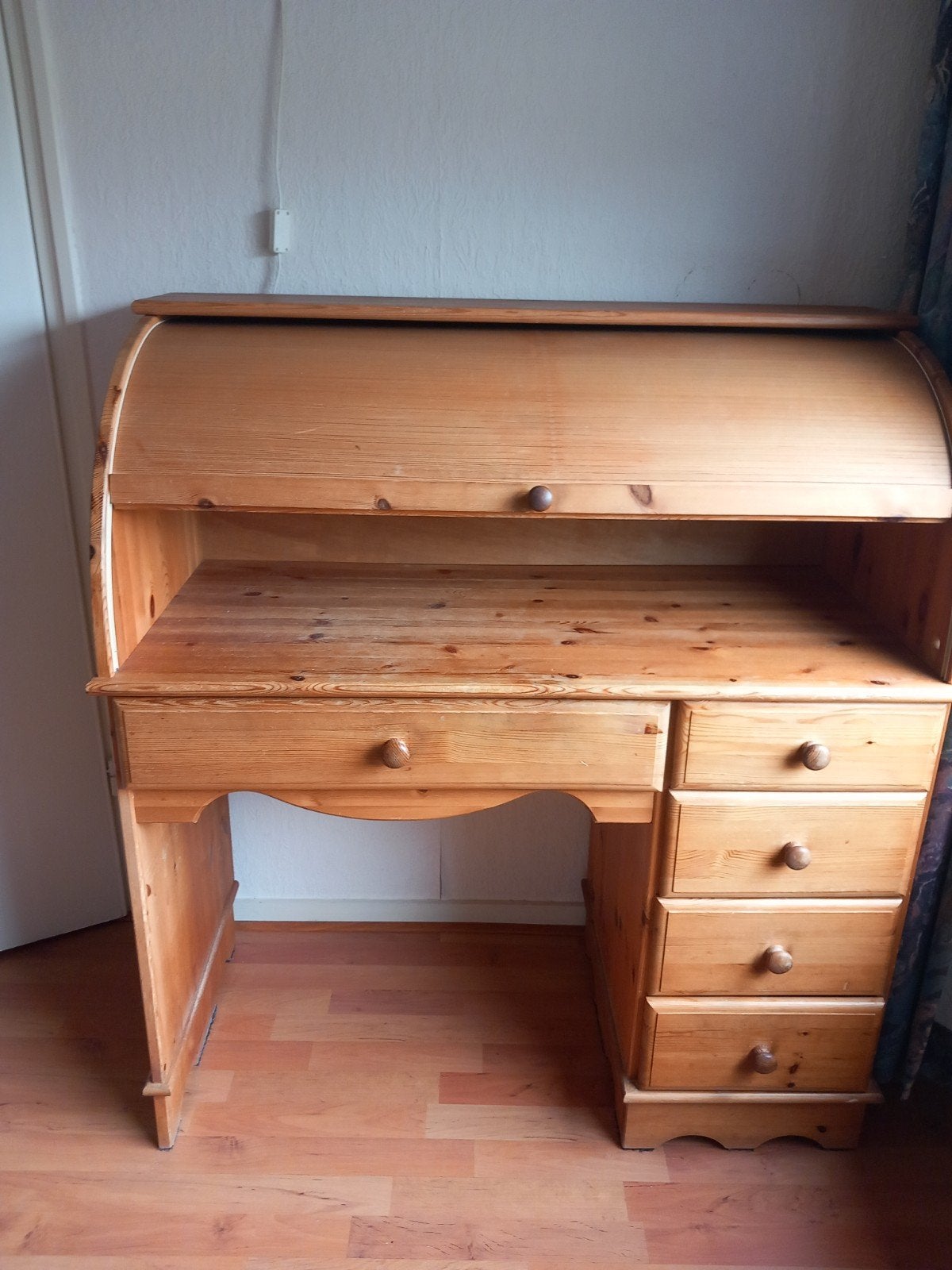 Vintage grenen secretaire met rolluik en lades, Ophalen of Verzenden, Gebruikt, Vintage, Landelijk