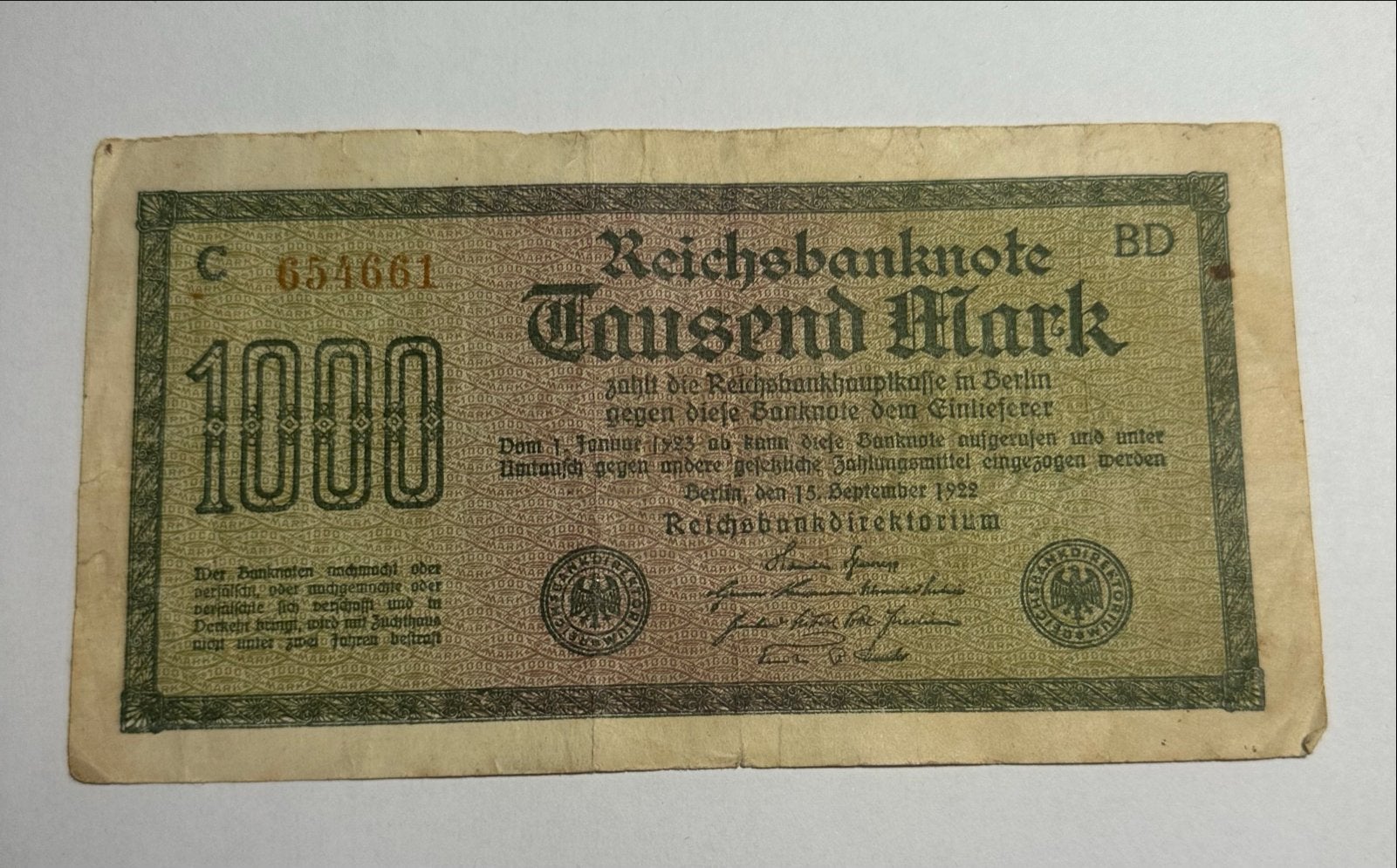 Historisch Duits bankbiljet: 1000 Mark 1922, Postzegels en Munten, Ophalen of Verzenden, Duitsland, Los biljet
