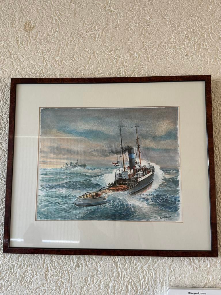 Aquarel maritiem schilderij – Ad M. Oudes – sleepboot op zee, Ophalen of Verzenden