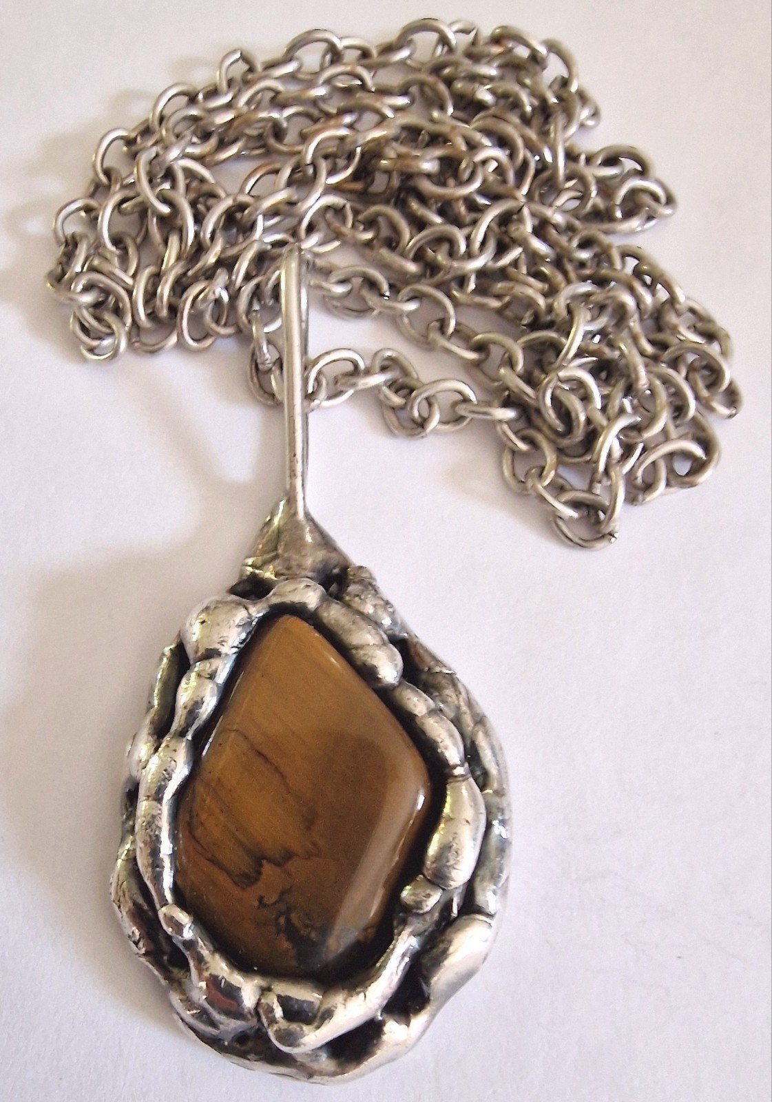 Vintage Deense D.S. ketting met tijgeroog – Made in Denmark, Ophalen of Verzenden, Bruin, Steen of Mineraal