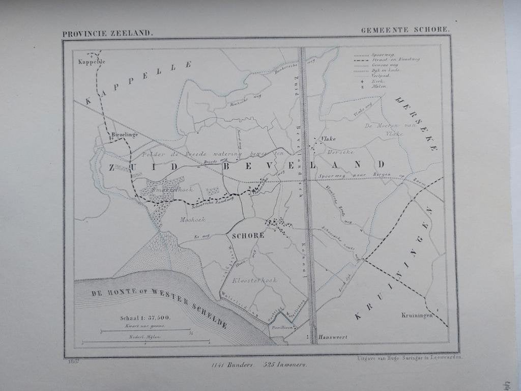 44 / Schore Kruiningen Biezelinge Litho uit 1867 J. Kuyper, Ophalen of Verzenden