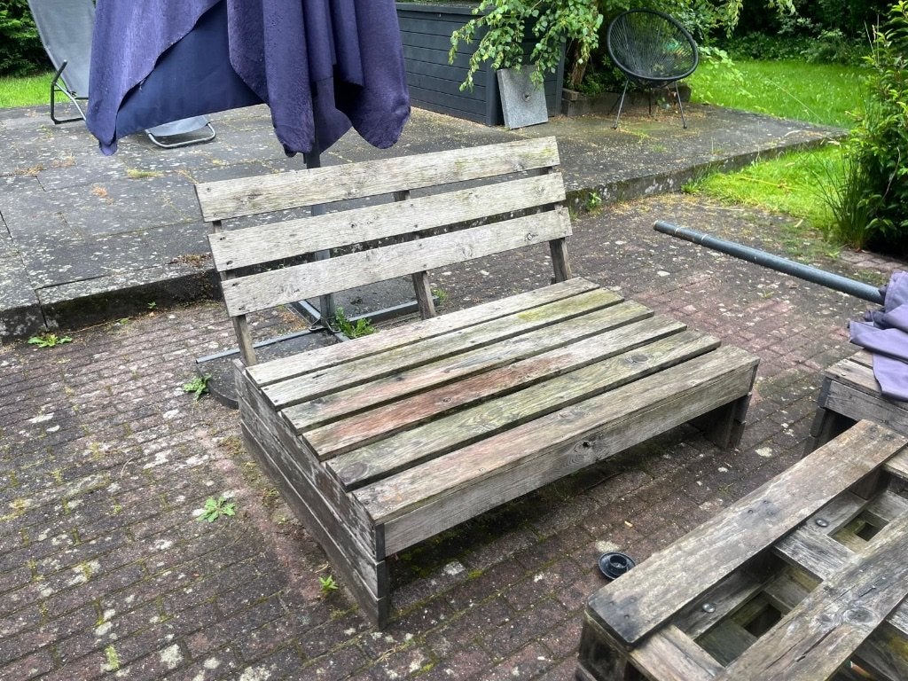 2 Palletbanken met kussens, Ophalen, Gebruikt, Hout